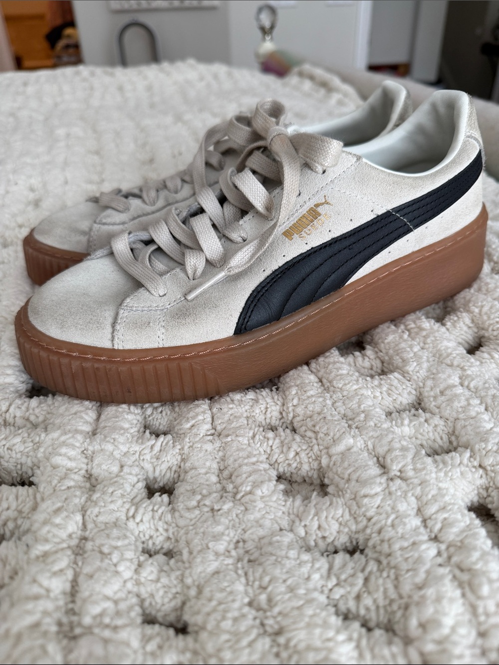 Puma Women's Suede Platform Sneaker - cream Upper with Black Stripe and Gum Sole